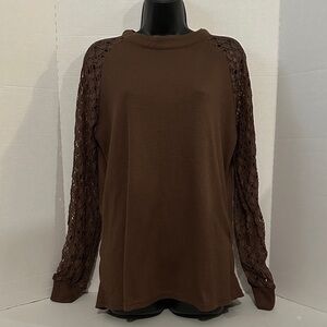 MIHOLL Elegant Brown Lace Sleeve Waffle Top size L